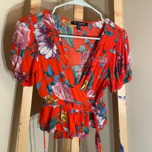 Red floral wrap top frill